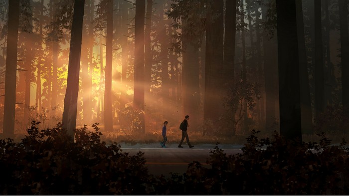 Life is Strange 2: Two boys walk on a road in a forest