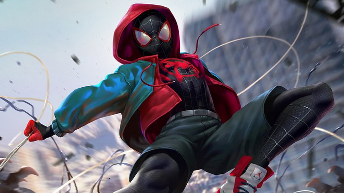 Miles Morales Swinging Through City Spider-Man