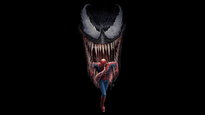 Spider-Man running from Venom's mouth artwork