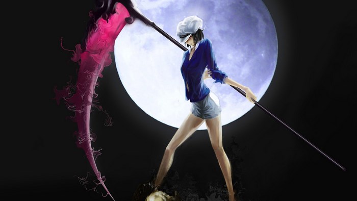 Anime girl with scythe in front of moon