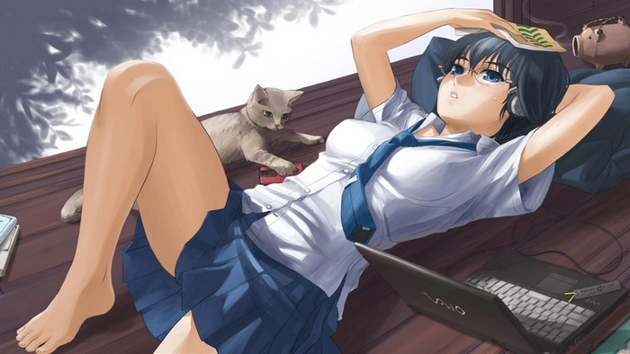 Anime girl with headphones and laptop