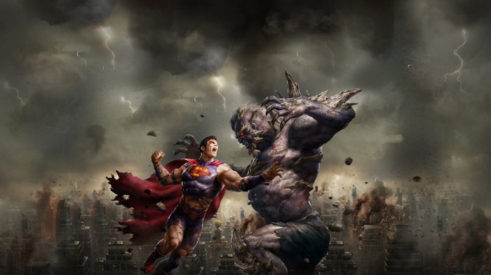 Superman fighting Doomsday in a destroyed city