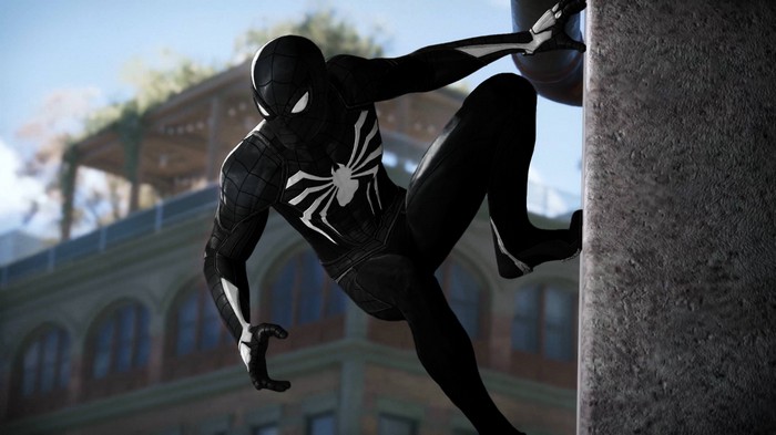 Spider-Man in Black Suit Climbing Wall