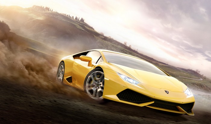 Yellow Lamborghini Huracan driving on dirt road