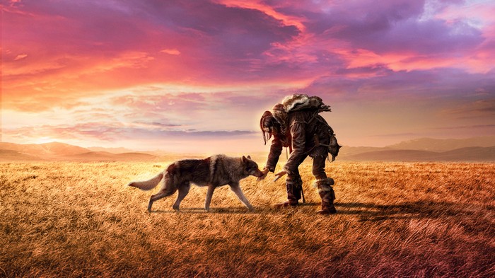 Alpha movie with a man and a wolf