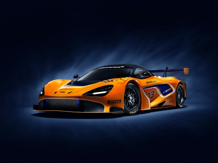 McLaren 720S GT3 race car in orange and blue livery