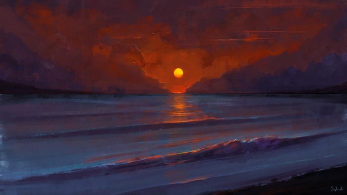 Digital art of a sunset over the ocean