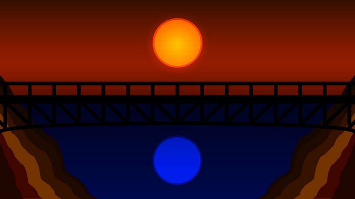 Minimalist bridge over water with two suns
