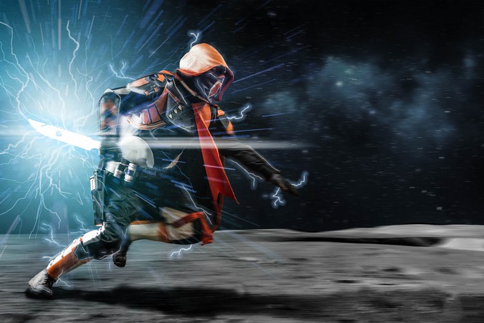 Destiny 2 Hunter cosplay with lightning effects