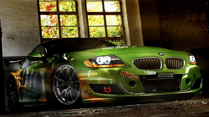 Green BMW Z4 GT3 Race Car in Garage