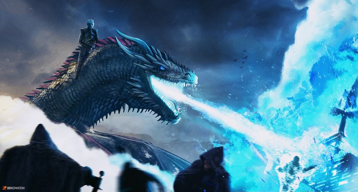 Night King riding dragon breathing ice fire