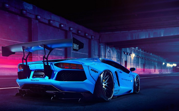 Blue Lamborghini Aventador with Racing Modifications