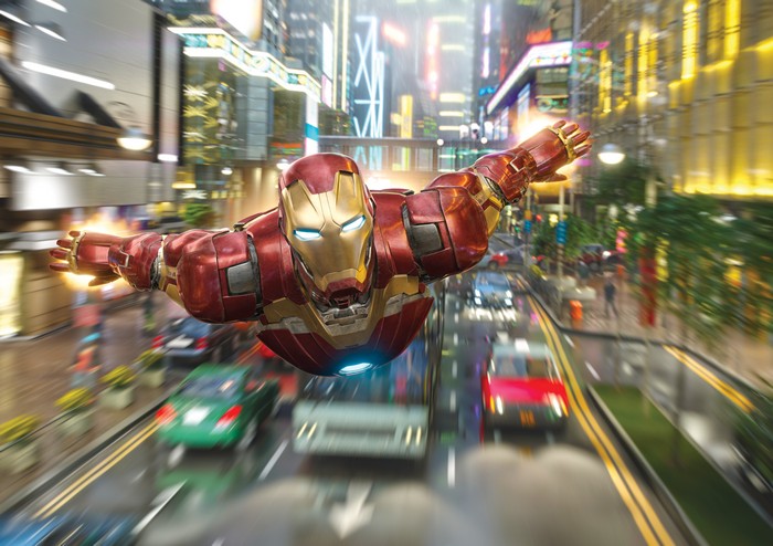 Iron Man flying over a city street