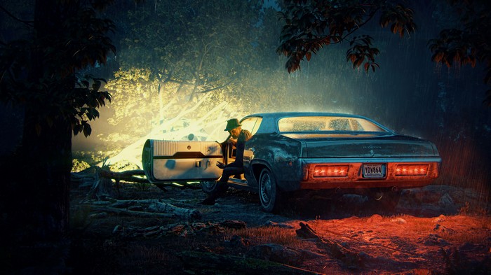 Man in hat by vintage car in forest at night