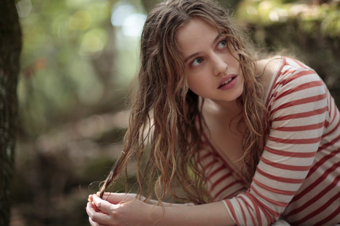 Lou de Laage in a striped shirt