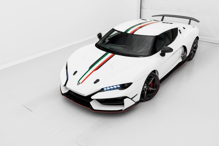 Italdesign Zerouno white sports car with racing stripes