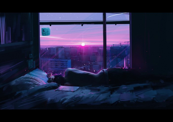 Person sleeping in bed overlooking city sunset
