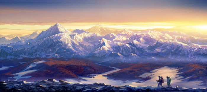 Two hikers ascend a snowy mountain range at sunrise