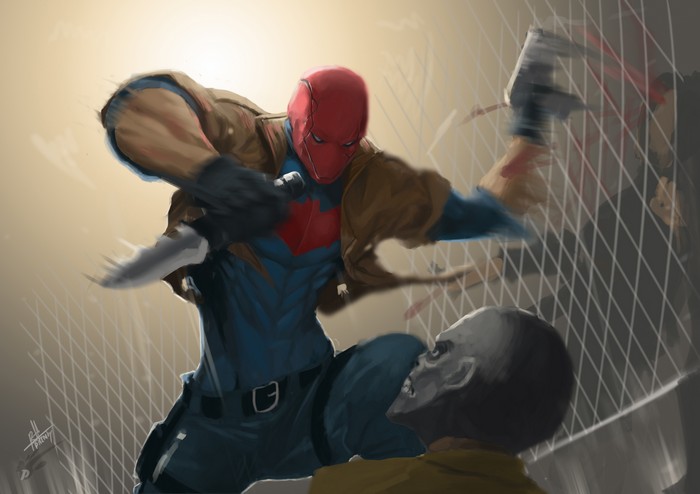Red Hood fighting a zombie with a knife and axe