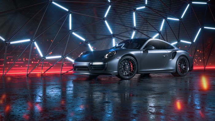 Gray Porsche 911 Turbo S in a futuristic setting