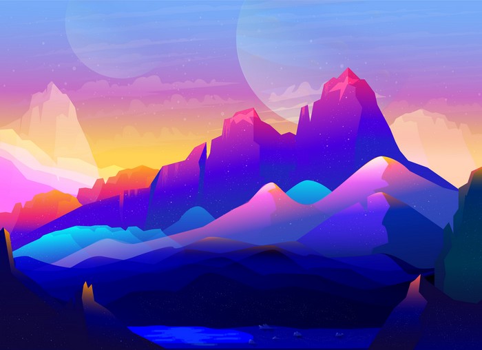 Colorful Minimalist Mountain Landscape with Planet