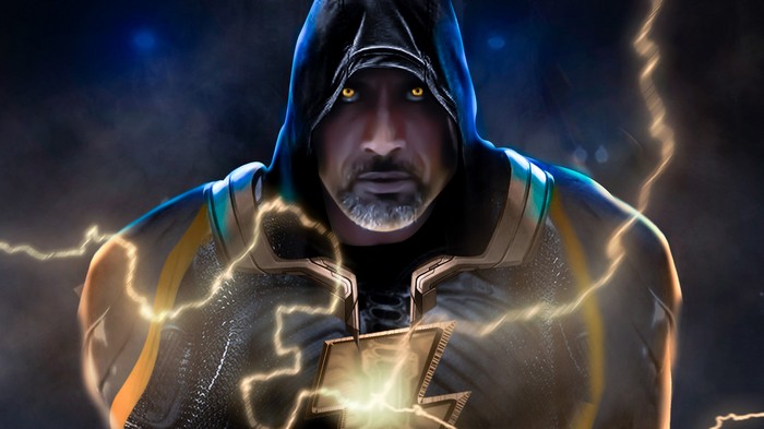 Black Adam with glowing eyes and lightning