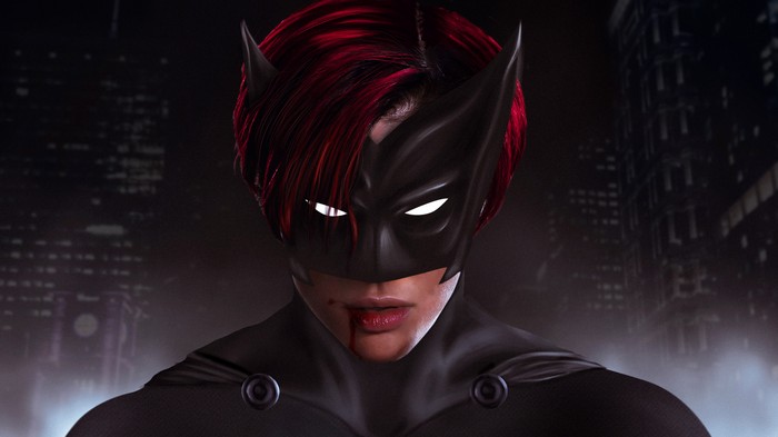Batwoman with red hair and mask