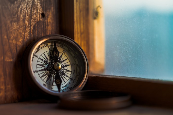Vintage compass on a wooden surface