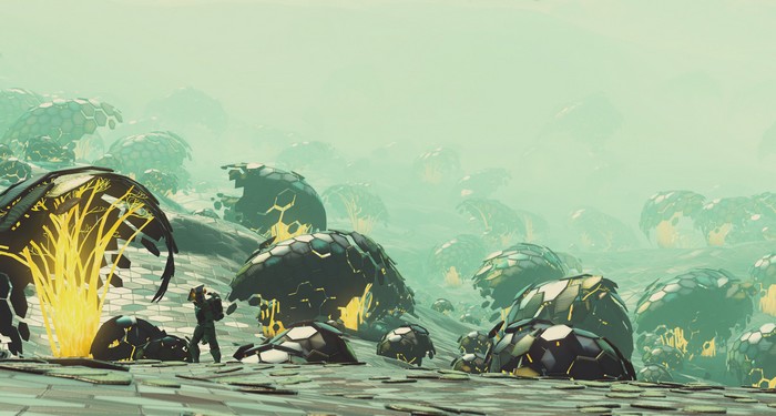 No Man's Sky alien planet with hexagonal structures