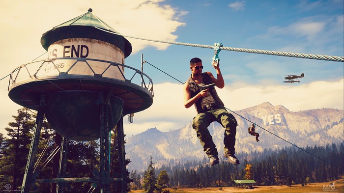 Far Cry 5: Man ziplining near water tower
