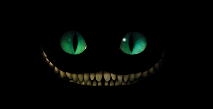 Cheshire Cat's glowing eyes and teeth in darkness