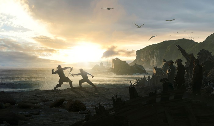 Solomon Kane sword fighting on a beach