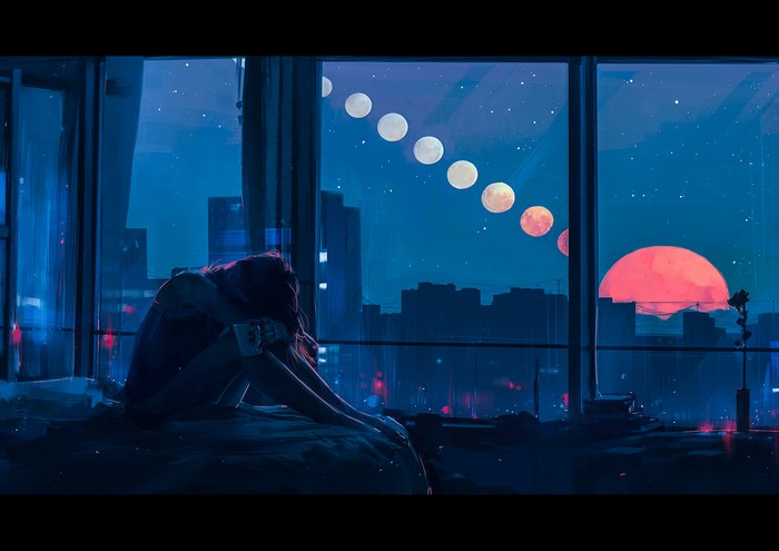 Sad girl looking at the moon phases over city