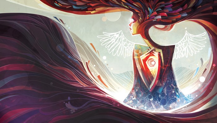 Artwork of a woman with flowing hair and wings