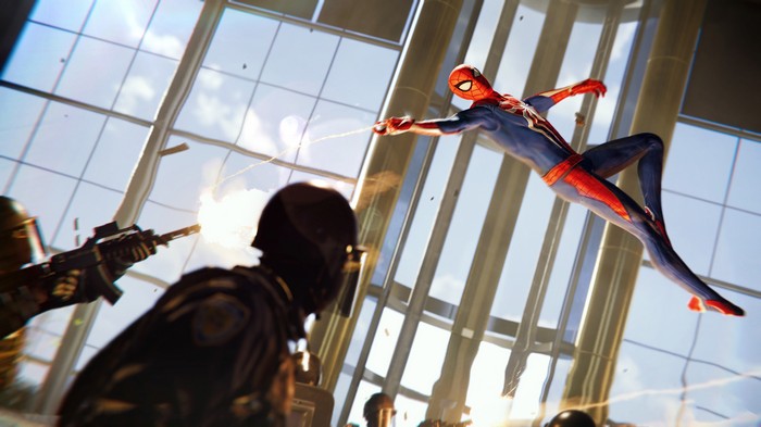 Spider-Man in action during a shootout