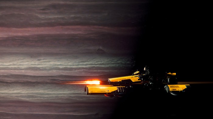 Star Citizen spaceship firing weapon in clouds 4K