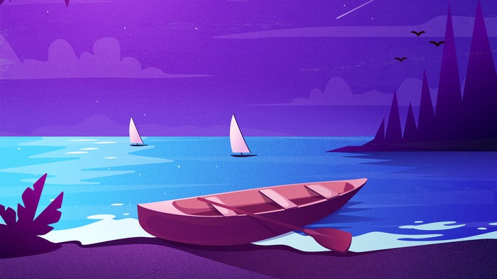 Minimalist night scenery with a boat and sailboats
