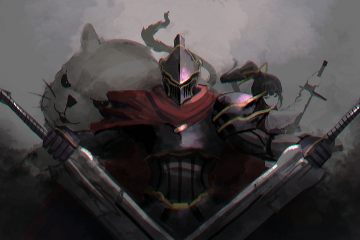 Ainz Ooal Gown and Albedo with a cat-like creature