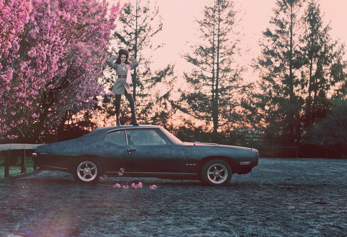 Lana Del Rey on a car with pink flowers