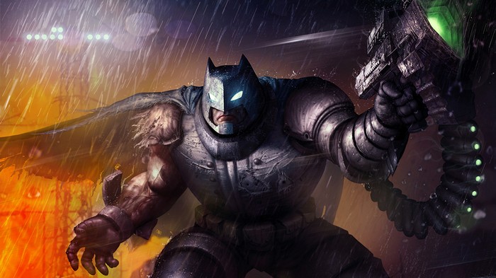 Batman in heavy armor holding a weapon