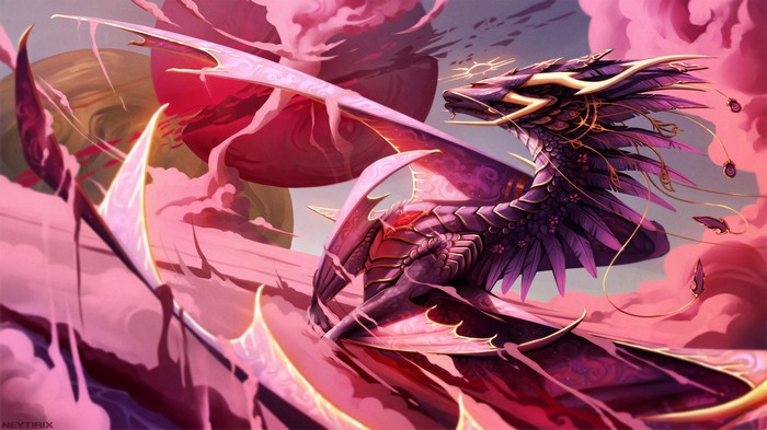 Purple dragon with golden accents in a pink fantasy landscape