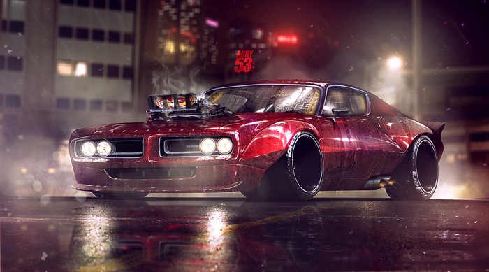 4K Digital Art of Red Dodge Charger at Night