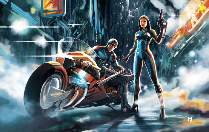 Sci-fi artwork of a man and woman with a motorcycle