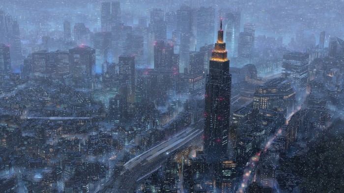 Cyberpunk Cityscape with Tower in Snow