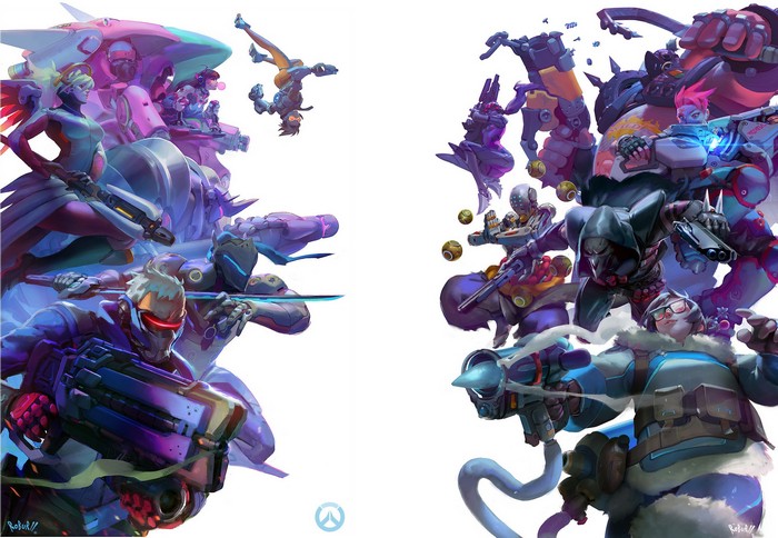 Overwatch characters in a digital art illustration