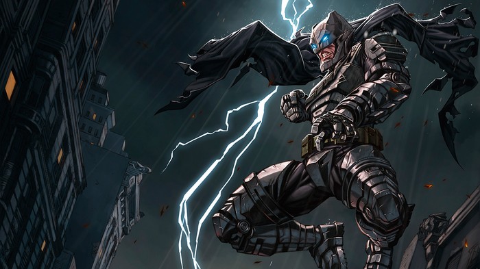 Batman in armored suit during a lightning storm