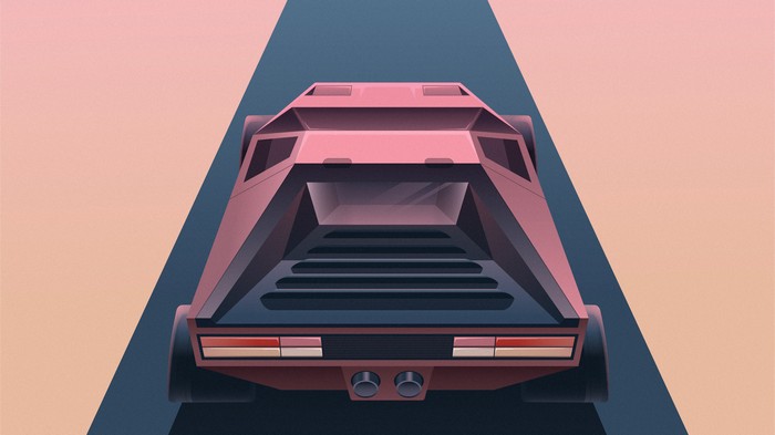 Minimalist artwork of a pink car on a road