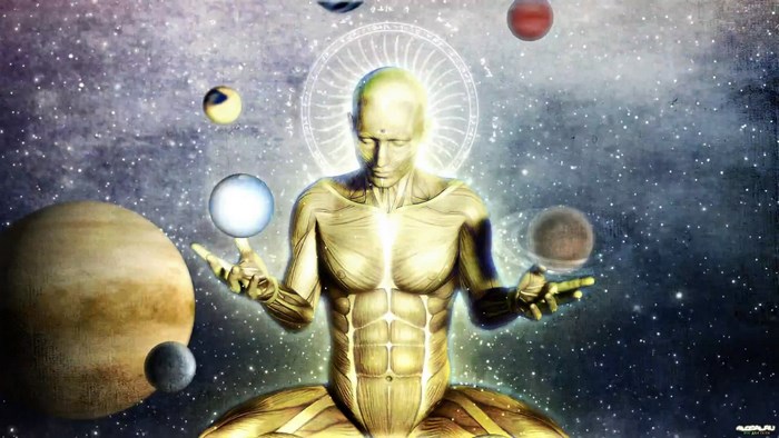 Man meditating with planets in space