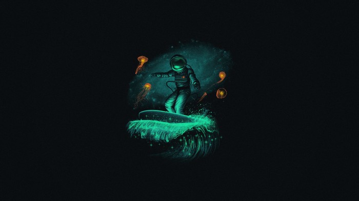 Astronaut surfing on a glowing wave with jellyfish