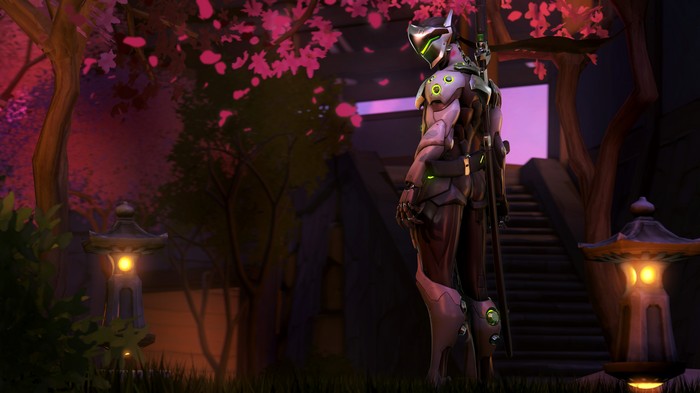 Genji from Overwatch in a Japanese garden